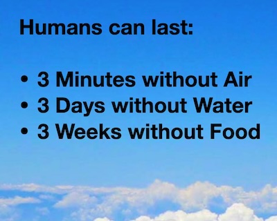 Humans can live 3 weeks wo food 3 days wo water 3m wo air copyright Energy Cloud Inc.